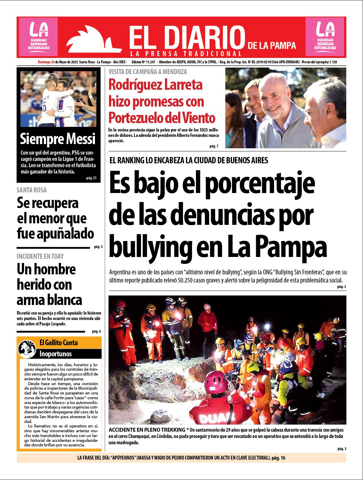 Tapa de El Diario en papel  domingo 28 de mayo de 2023